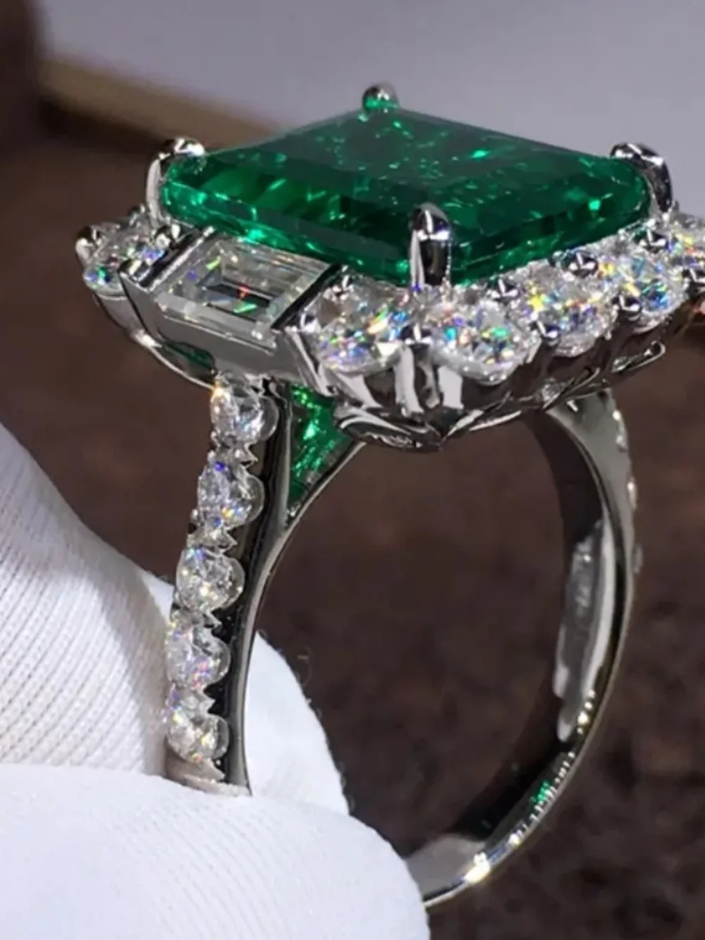 White Rhodium Emerald Halo Ring